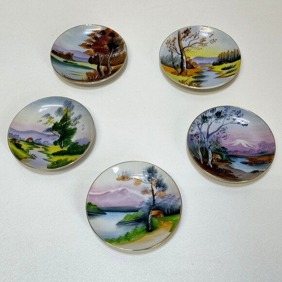 Ucagco Hand Painted Japan Landscape Decorative Plate w/ Gold Trim 5 Plates 1940s - Picture 1 of 13